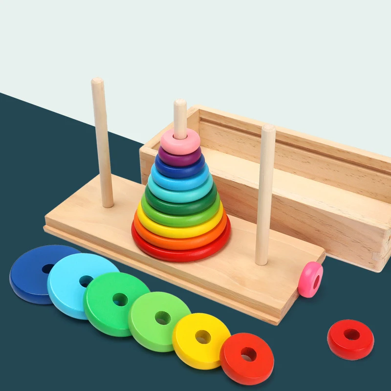 

Children's 10-Layer Hanoi Tower Wooden Tower Ring Puzzle, Develop Logical Thinking Clearance Toy Hanoi Tower Educational Toy