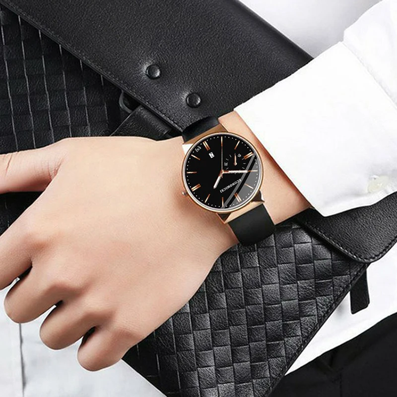 

Мужские кварцевые часы с календарем, на кожаном ремешке