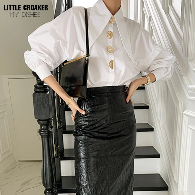 Женская рубашка с отложным воротником и рукавами-фонариками