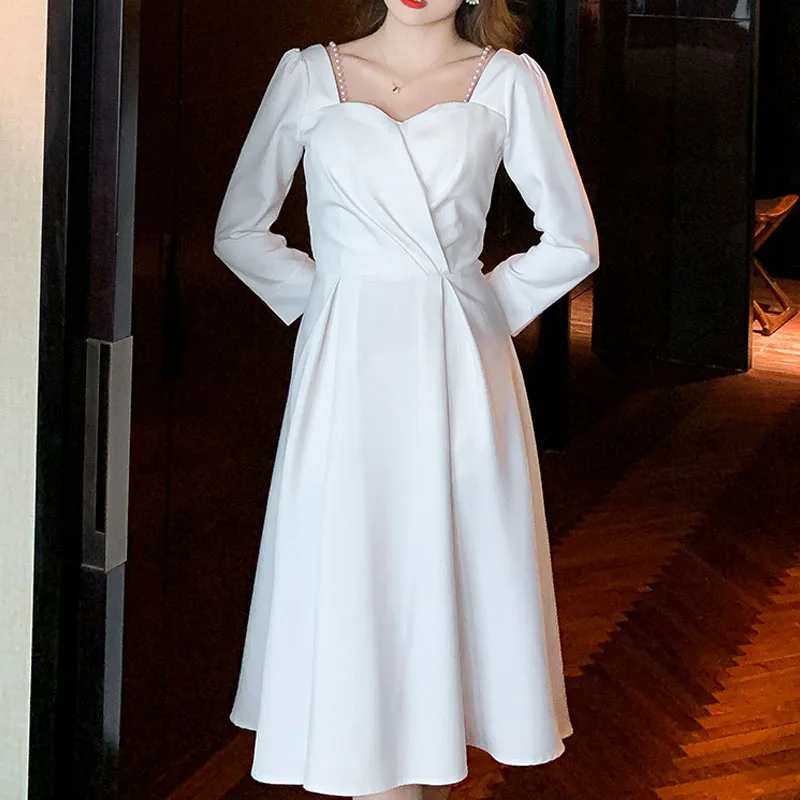 

Платье женское ТРАПЕЦИЕВИДНОЕ однотонное на молнии, с длинным рукавом, во французском стиле, красный, черный, белый цвета, осень 2022