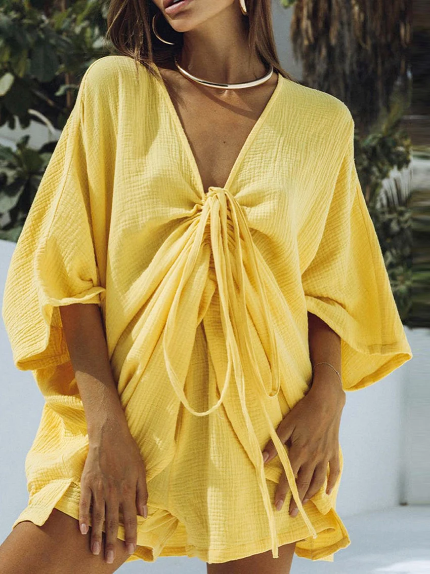 Marthaqiqi Cotton Women'S Pajamas Sexy V-Neck Lace Up Sleepwear Three Quarter Sleeve Nightwear Shorts Femme Summer Pyjamas Suits