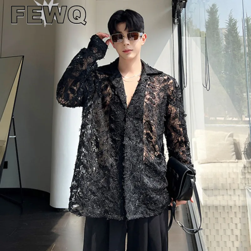 

FEWQ Korean Style Hollow Out Shirts Trendy Men's Sequin Cuban Collar Niche Design Long Sleeve Mesh Tops Sunscreen Clothing 9C881