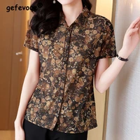 vintage casual fashion floral printed bright silk button shirt summer 2022 new polo neck short sleeve loose tops ladies clothing