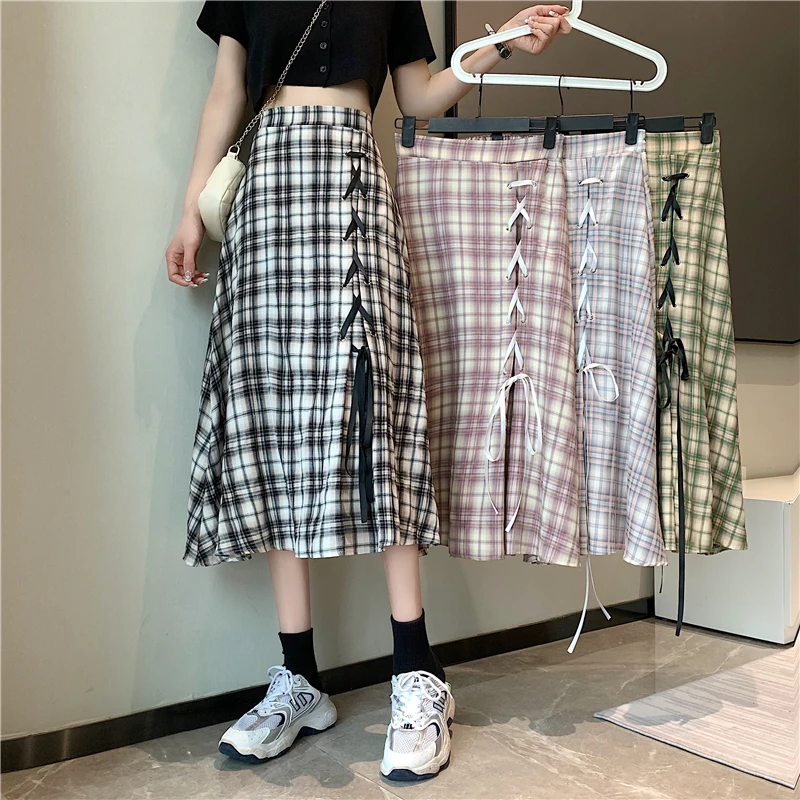 Girls' Bandage Design Plaid Midi Kawaii Skirt Women Summer Autumn Fashion Cute Korean Swing Long Skirts Female Cheap Wholesale