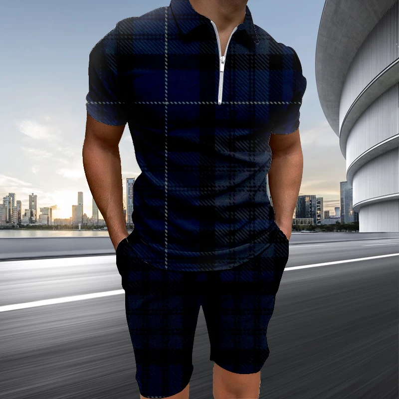 2023 Men's Fashion Polo Shirt Set Men 3D Printed V-neck Zipper Short Sleeve Polo Shirt+Shorts Two Pieces Man Vintage Suit