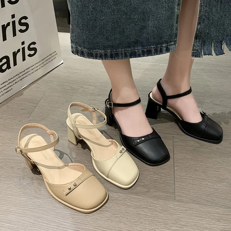 

Comfort Shoes for Women All-Match Beige Heeled Sandals Buckle Strap 2023 Summer Black Closed New Retro Gladiator Fashion High