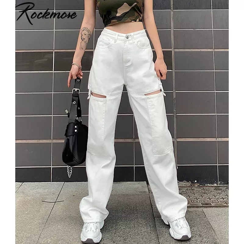 

Rockmore Vintage Hollow Out Women'S Jeans Pockets White Harajuku Korean Baggy Straight Pants StreetWear Wide Leg Jeans