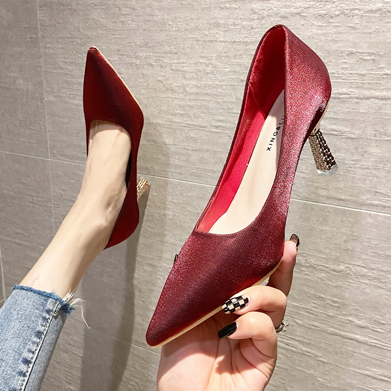 

Women's high heels single shoes fashion red bridal shoes dress banquet high heels autumn shallow mouth all-match women's shoes