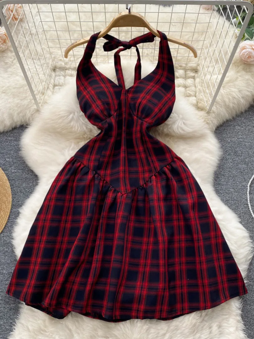 

Женское винтажное платье с лямкой на шее, клетчатое облегающее платье-трапеция с открытой спиной, без рукавов, с завязкой на шее, пикантное п...