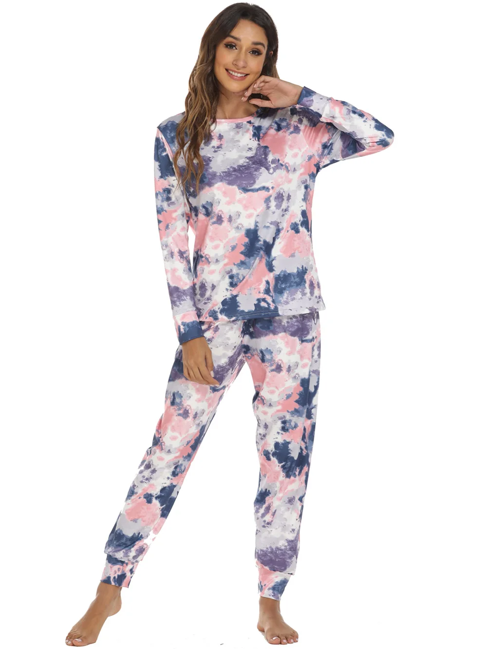 

Women’s Tie Dye Pajamas Set Long Sleeves Jogger PJ Sets Two Pieces Round Neck Loungewear Nightwear Sleepwear Leisure Homewear