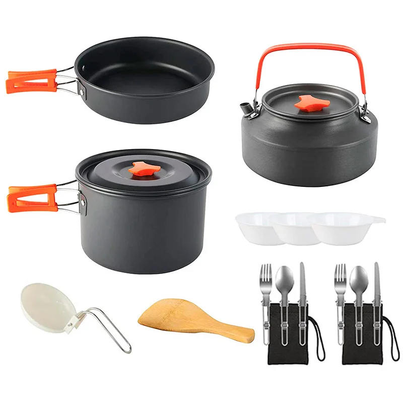 

Outdoor Pots Pans Camping Cookware Picnic Cooking Set Non-stick Tableware with Stove Spoon Fork Knife Kettle for 2-3 Person