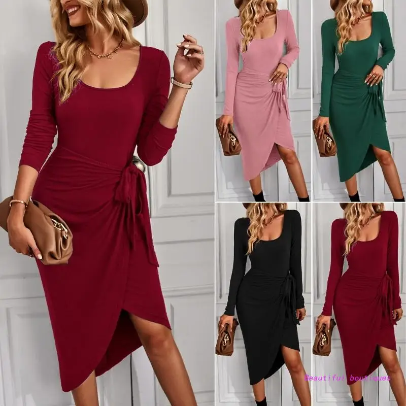 

Women Midi Sweater Dress Square Neck Long Sleeve Ribbed Knit Slim Fit Ruched Tie Waist Slit Asymmetrical Bodycon Dresses U4LF
