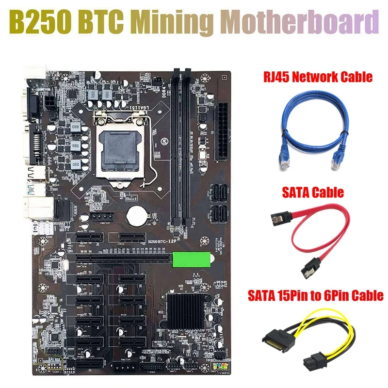 

B250 BTC Mining Motherboard With SATA 15Pin To 6Pin Cable+RJ45 Cable+SATA Cable 12Xgraphics Card Slot LGA 1151 For BTC