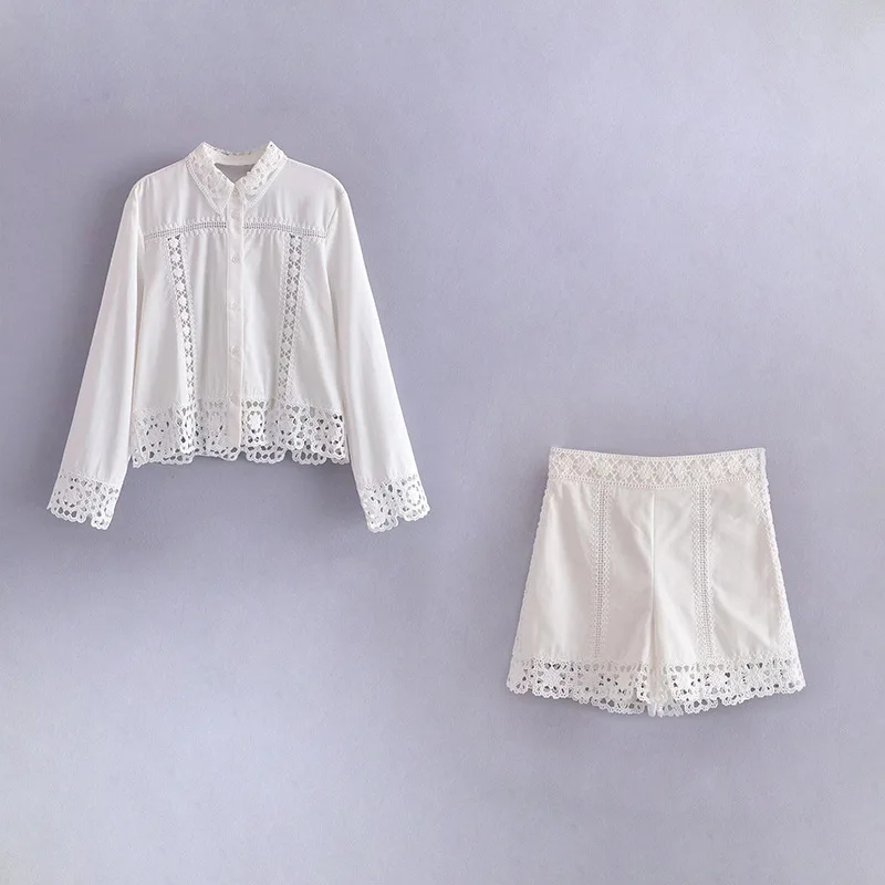 Hollow Out Women's Pajama Set With Shorts Summer Long Sleeve Ladies Sleepwear Single Breasted Fashion Pajama Suit For Female