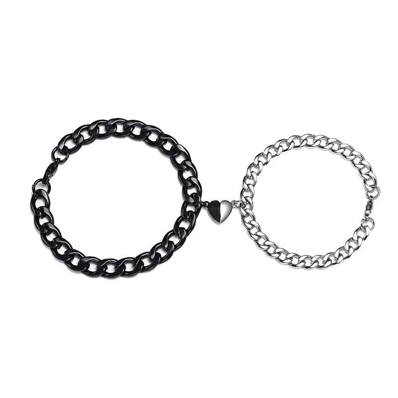 

2PCS Couple Bracelet Hip-pop Cuban Chain Romantic Magnet Heart Pendant Lovers Friendship Gift Stainless Steel Fashion Jewelry