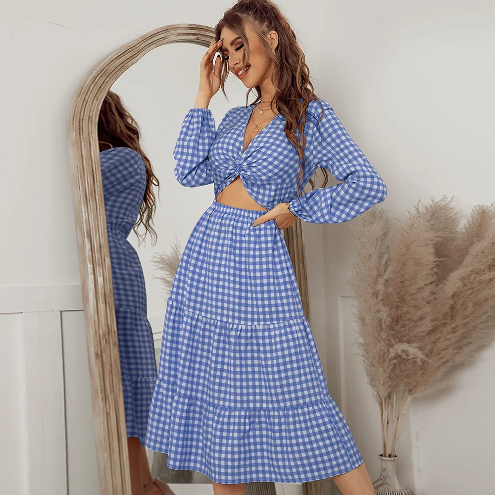 

Gaovot V-neck Long Sleeve Women Fashion Blue Plaid Dress Summer Holiday Beach Party Long Dress Elegant Womens A-line Dresses