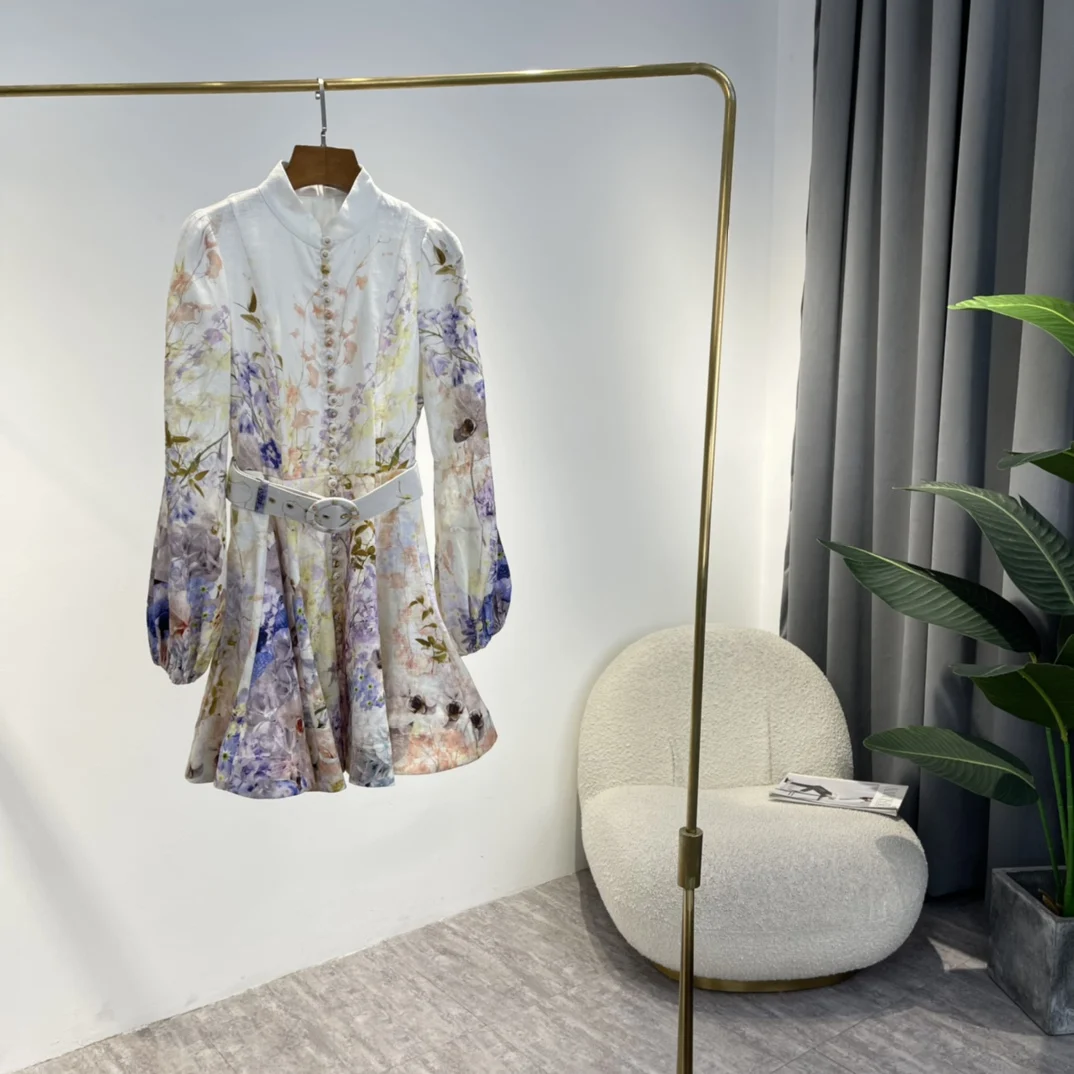 

2022 Latest Summer Women Top Quality Linen Gradient Vintage Cotton Purple Yellow Floral Print Mini Dress with Belt