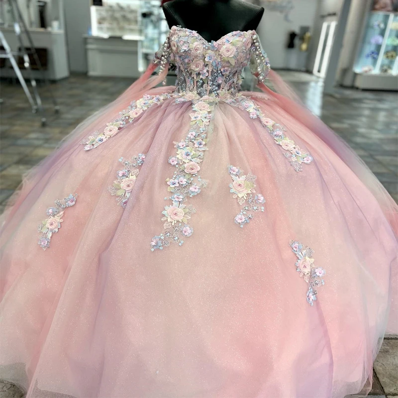 

Pink Shiny Ball Gown Quinceanera Dress 2023 With 3D Flower Lace Beaded Sweetheart Sweet 16 Dress Lace-up Vestido 15 Años
