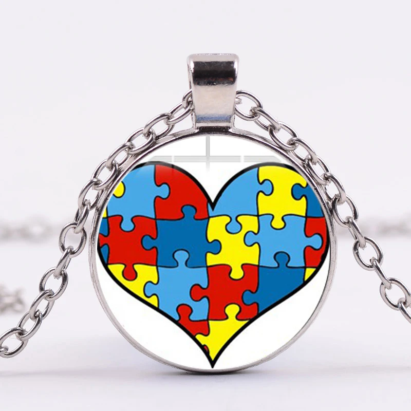 

Autism Awareness Necklace Creative Puzzle Piece Heart Love Ribbon Art Pattern Glass Cabochon Fashion Pendant Charm Accessories