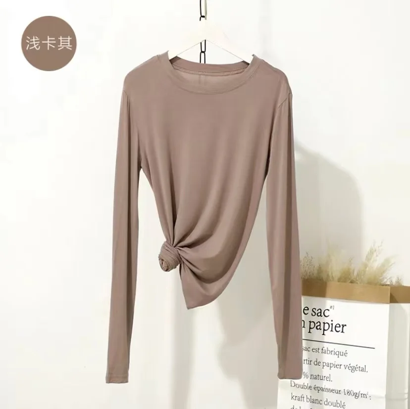 

Новинка 2022, модная женская футболка из модала с длинным рукавом, однотонный тонкий свободный женский топ с круглым вырезом на весну и лето