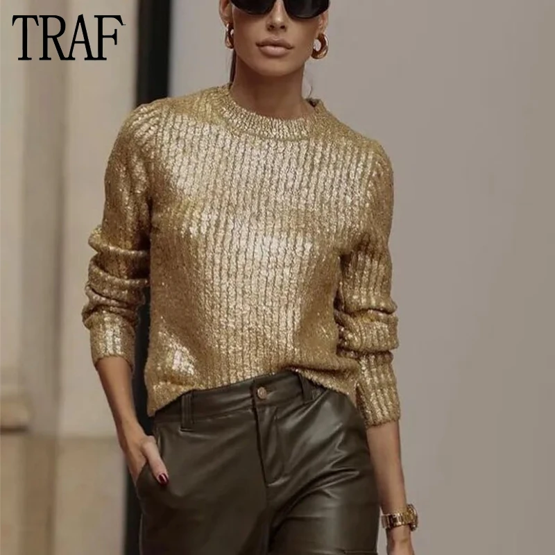 

TRAF 2023 Metallic Cropped Sweaters for Women Ribbed Knitted Sweater Woman Pullover Luxury Women's Sweater Long Sleeve Sweater
