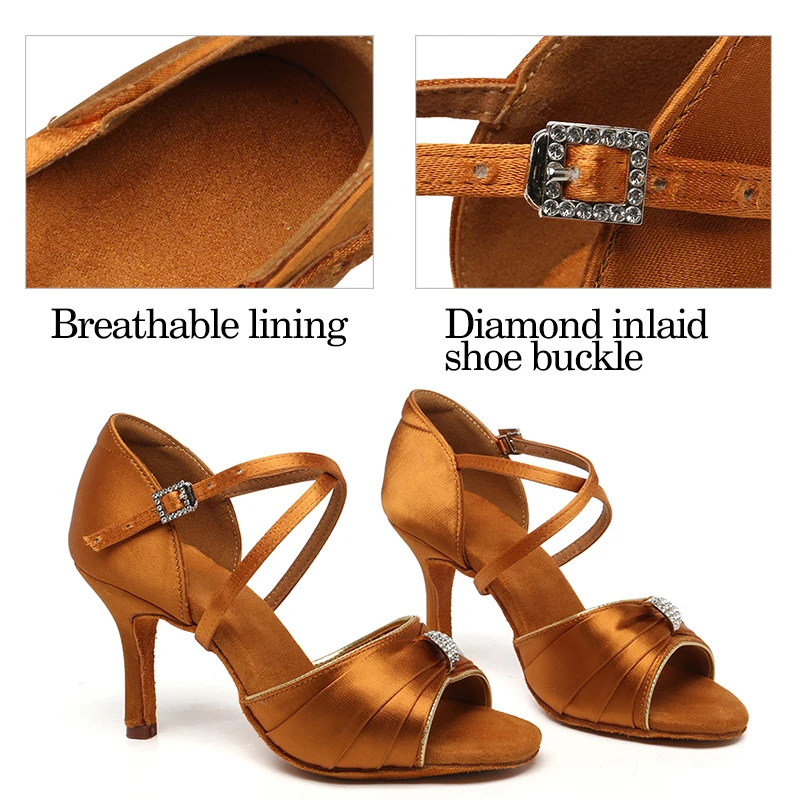 DKZSYIM Women Latin Dance Shoes High Heel Satin Dance Shoes lady Soft Bottom Dance Shoes heeled 8cm Girls Salsa Ballroom Shoes