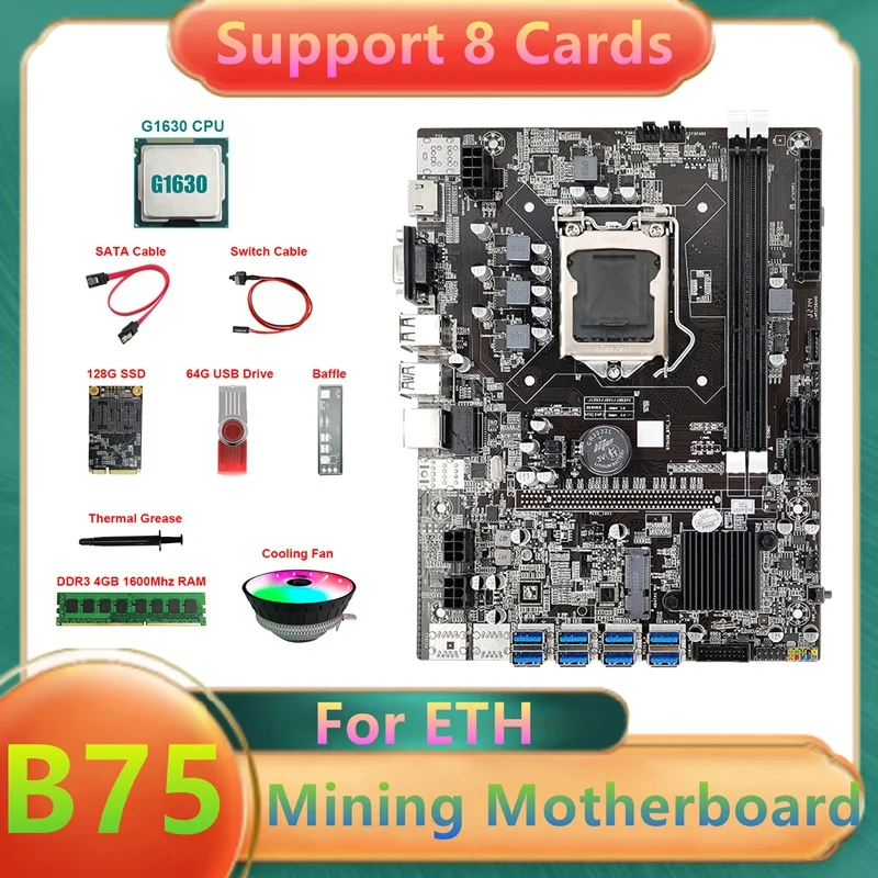 

B75 ETH Miner Motherboard 8XUSB+G1630 CPU+DDR4 4G RAM+128G SSD+64G USB Driver+Fan+SATA Cable+Switch Cable+Thermal Grease