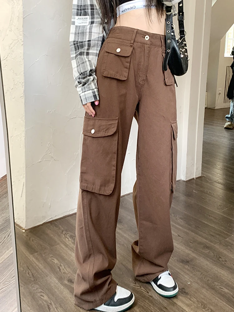 

Brown Vintage Cargo Pants Multiple Pocket High Waist Baggy Wide Leg Straight Denim Trouser Women Streetwear Casual Y2k Jean Pant