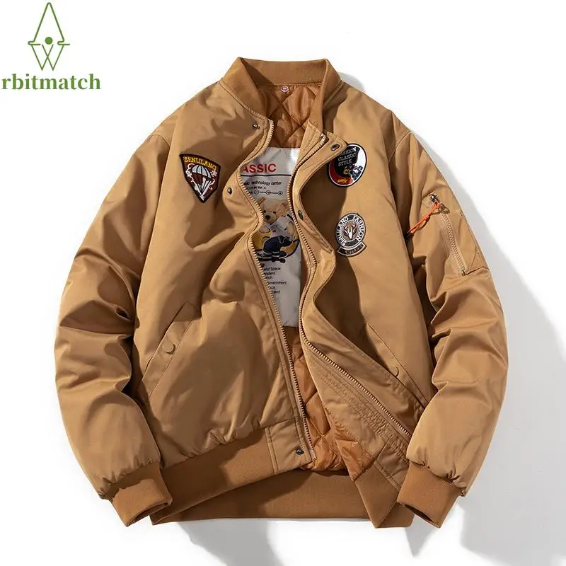 

Winter Pilot Jackets Men Military Bomber Jacket Badge Embriodery Basketball Coat Hooded Parkas Male Fashion Autumn Black Brown