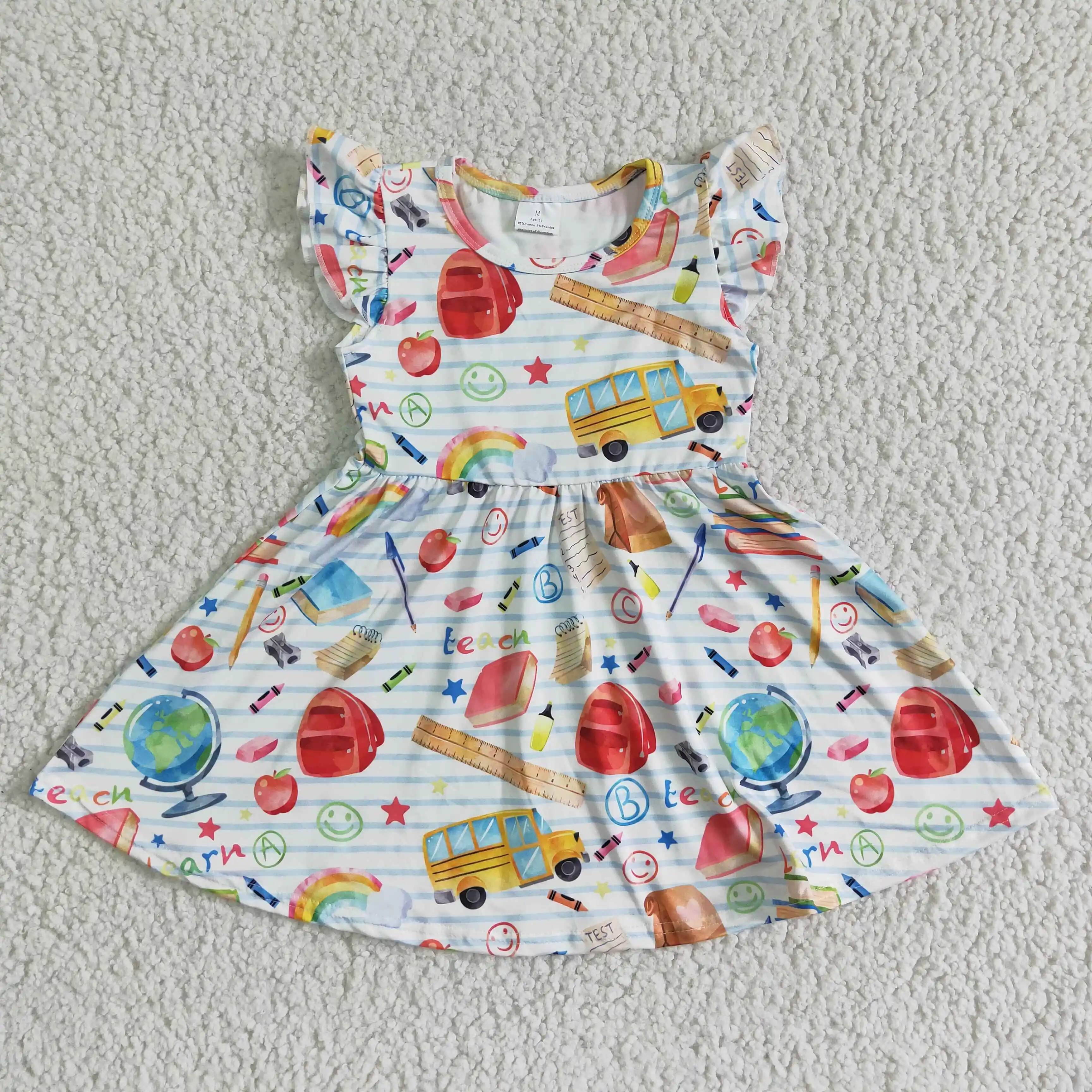 School Bag Back To School Dress For Baby Girls Clothes 8-12 Years Summer Short Sleeve Twirl Dress