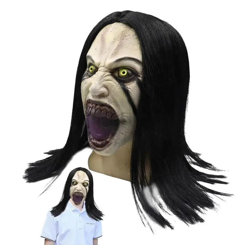 

Crying Woman Head Scary Crying Woman Headgear With Long Hair Halloween Party Cosplay Costume Creepy Headgear Evil Full Head