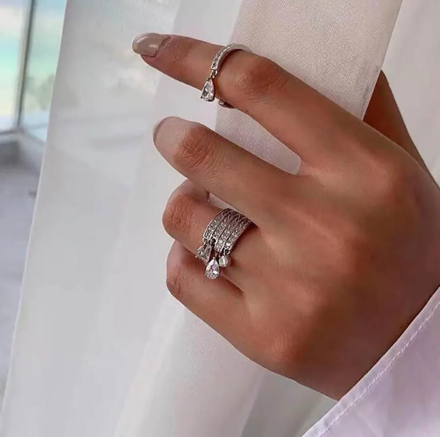 

European American design ins full diamond open water drop pendant luxury trendy elegant women multi layer index finger ring