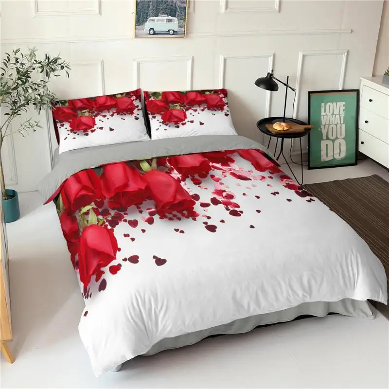 

3D Rose Flower Bedding Set 3D Print Duvet Cover with Zipper Queen Double Polyester Comforter Cover Valentine Gifts Quilt Cover