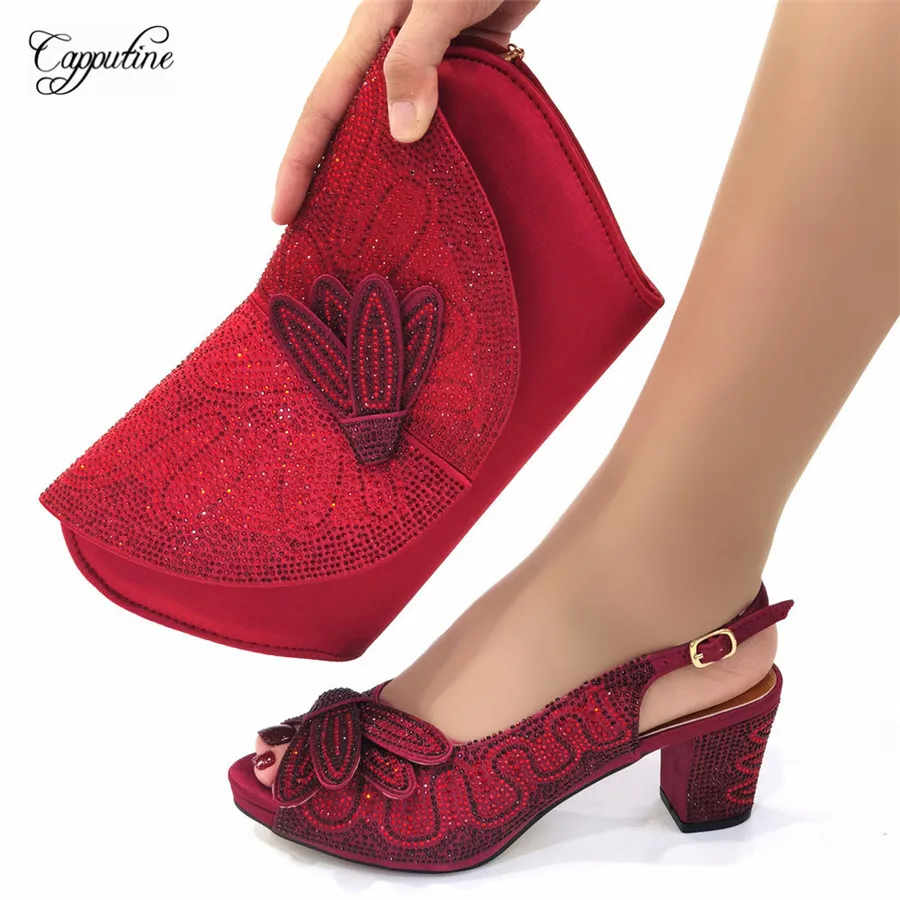 

Wine Shoes And Bag Set For Woman Fashion Summer Sandals Match With Handbag African Ladies Pumps Sandalias De Mujer CR921 6cm