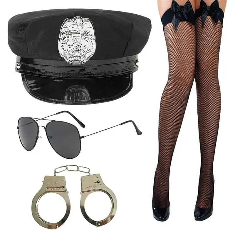 

Policewoman Uniform Stockings Role-Playing Costume Set With Lace Stockings Women Thigh High Stocking Mesh Hold Up Stockings For
