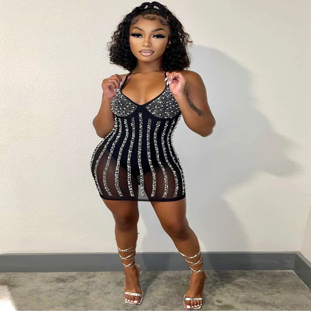 

2022 Fashion Elegant Dress for Women Sexy Perspective Stud Back Strappy Bandeau Sleeveless Nightclub Party Women's Wear
