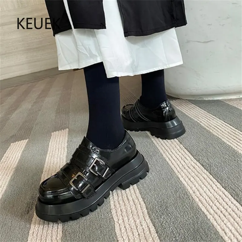 

New British Style Loafers Leather Shoes Women Casual Black High Heels Platform Work Thick Sole Height Increasing Ladies 03B