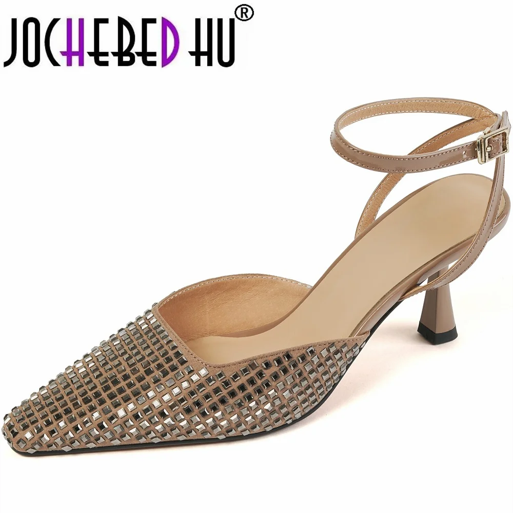 

【JOCHEBED HU】Women Sandal Shoes Thin High Genuine Leather Pointed Toe Slingback Sandals Ladies Fashion Bling Cystal Party Dress