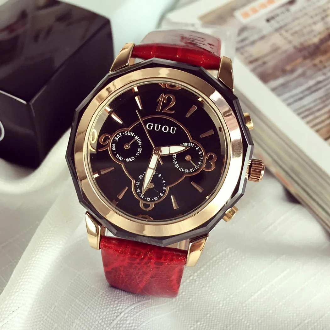 

NEW Luxury Women Watches Genuine Leather Dress Watch 3 Dials Design Analog Japan Movement Ladies Watch Relojes Relogio Feminino