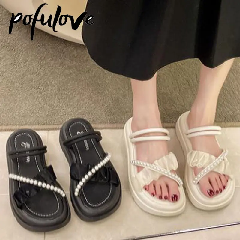 

Pofulove жемчужные сандалии с толстой подошвой, сетчатые модные повседневные универсальные тапочки, Прямая поставка, оптовая продажа