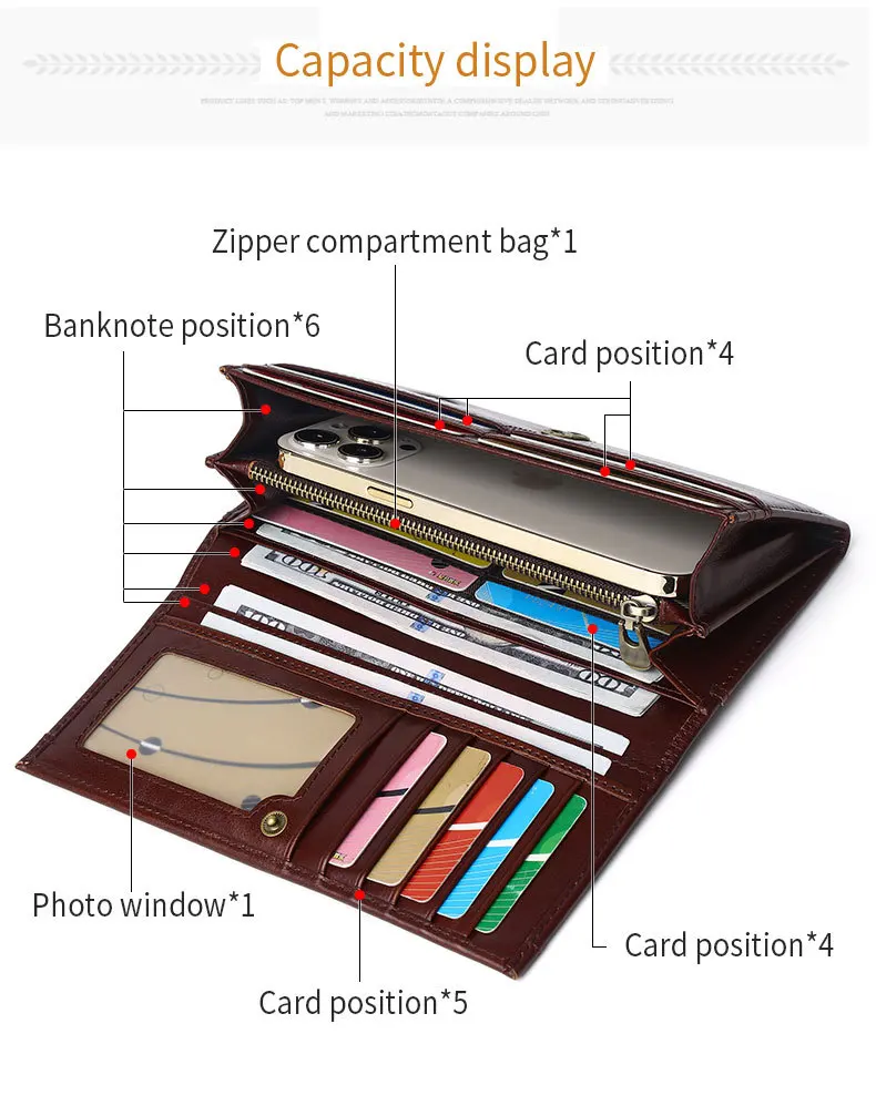 RFID Genuine Leather Men's Long Wallet First Layer Cowhide Leather Large Capacity Clutch Slim Card Holder Purse Wallet