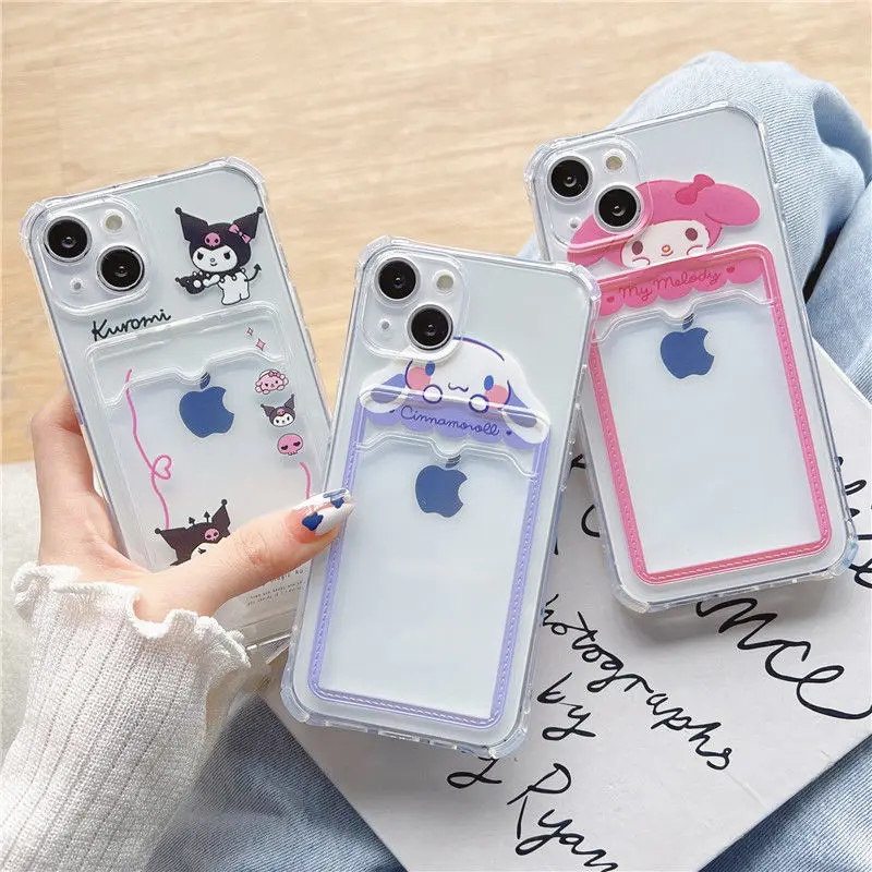 

Cute Kuromi Melody Yugui Clear Silicone Women Phone Case for iPhone XR Xs Max 8Plus 11 12 13 Pro Max Card Bag Case