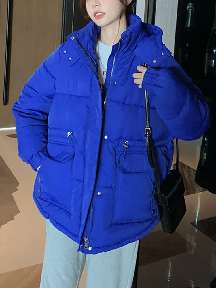 

New Winter Hooded Cotton Coat Women Fashion Zipper Big Pockets Thick Warm Jacket Female Loose Solid Color Outwear Parka