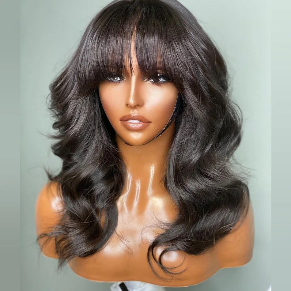 

Мягкий натуральный черный волнистый длинный парик 180 плотности 26 дюймов с челкой для чернокожих женщин Косплей без клея на каждый день