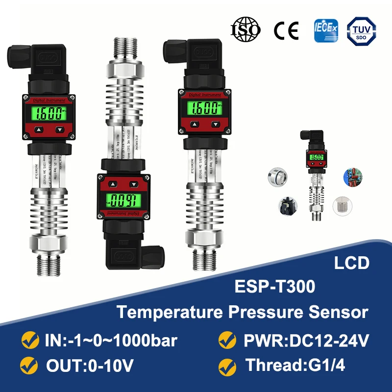 

ESP-T300 LCD High Temperature Pressure Sensor 0-10V Out Pressure Transmitter Transducer 1m Cable -1-0-1000bar G1/4 Connector