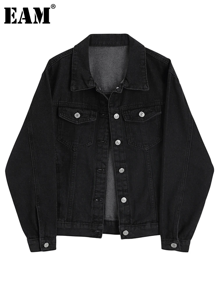

[EAM] Loose Fit Black Brief Split Joint Denim Big Size Jacket New Lapel Long Sleeve Women Coat Fashion Tide Spring 2023 1Y319
