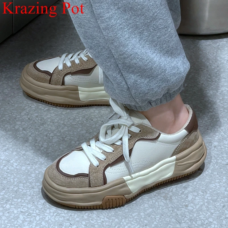 

Krazing Pot INS size 40 fashion cow suede round toe lace up med heel casual shoes platform sneakers party sport vulcanized shoes