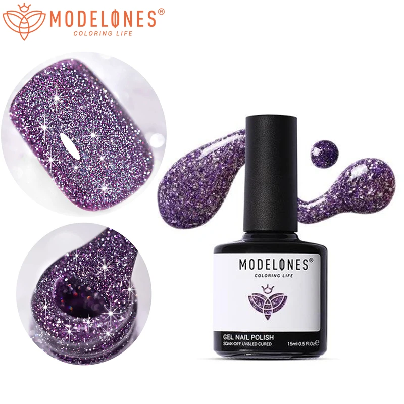 

Modelones 15ml Gel Nail Polish Reflective Glitter Nail Varnish Spark Shiny Gel Polish Dark Purpl for Nail Design UV LED Lamp