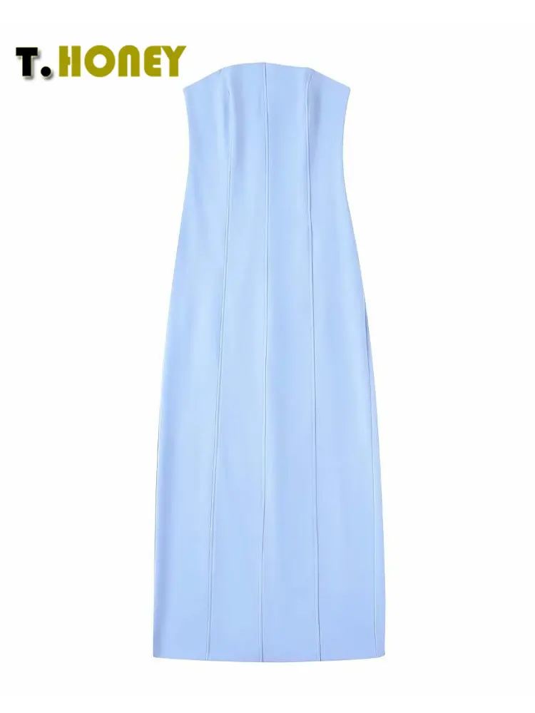 

TELLHONEY Women Fashion Strapless Sleeveless Solid Side Zipper Midi Dress Female Casual Tight Back Hem Slit Chic Long Dresses
