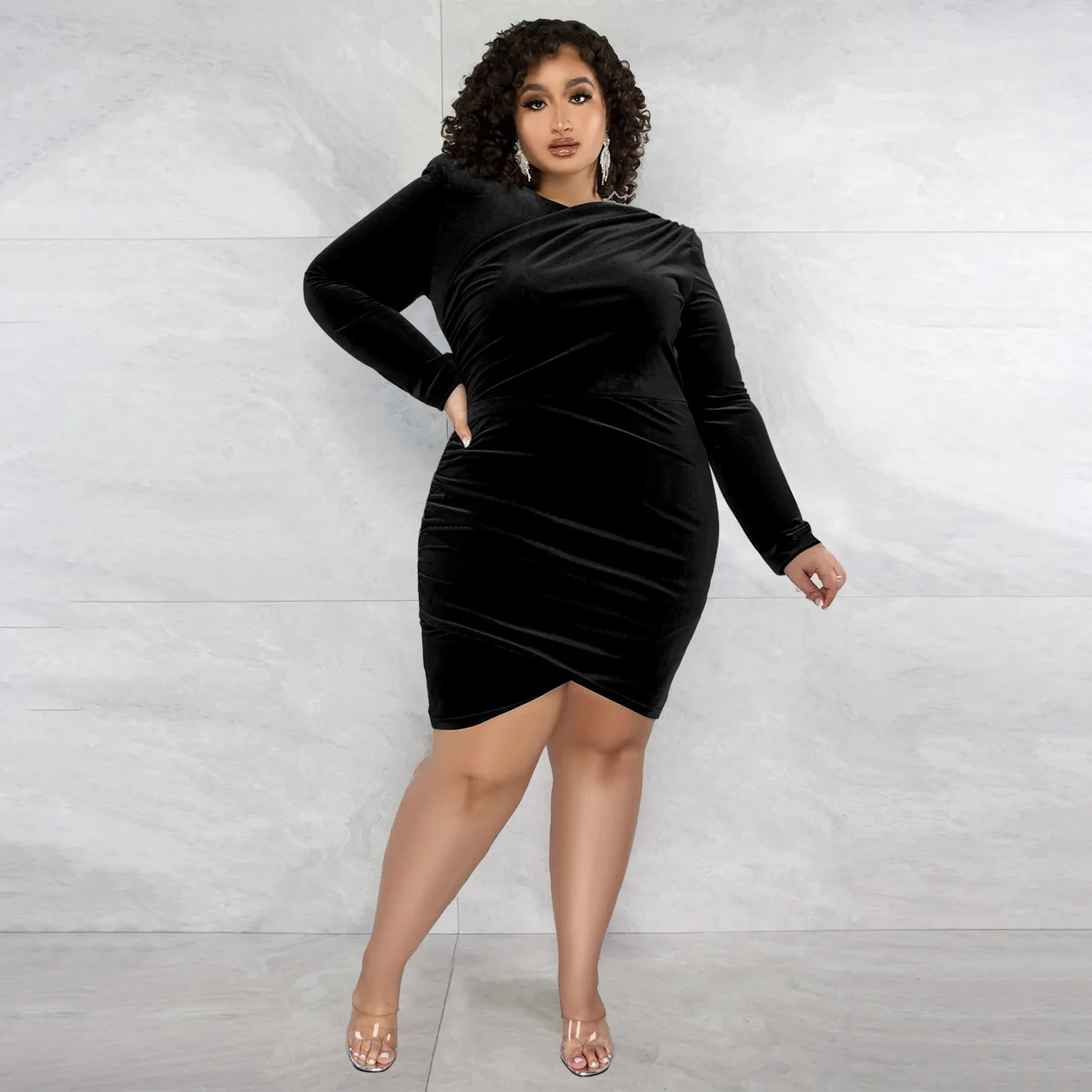 Plus Size Women Clothing Solid Long Sleeve Above Knee Mini Sheath Party Dresses Evening Dresses Sexy & Club Dress Ladies Slim